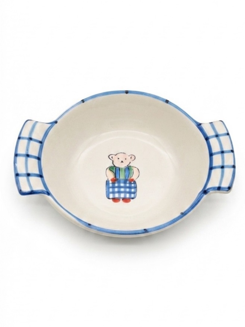 1990s Vintage Starbucks Child Double Handle Bowl – Blue Gingham Teddy Bear Italy